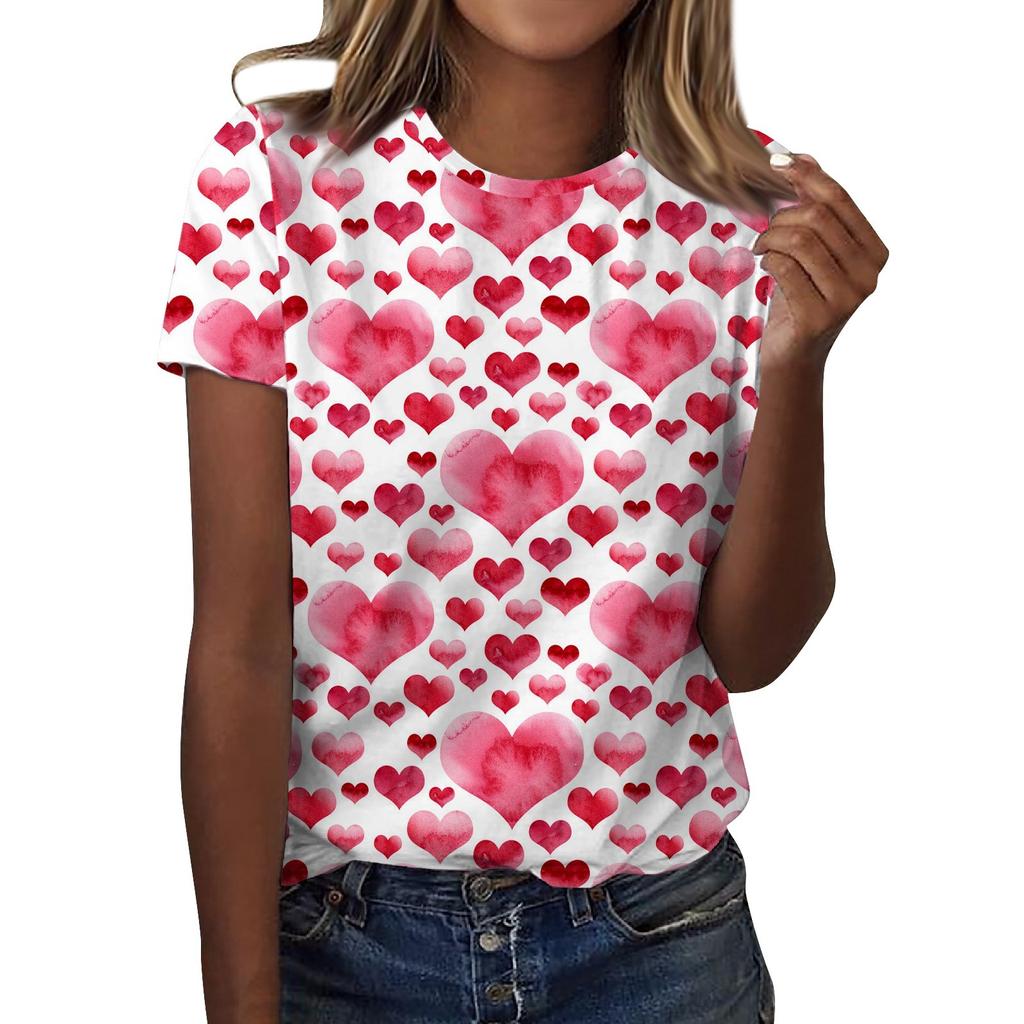 Women's Casual Round Neck Valentine's Day Printed Short Sleeve T-shirt