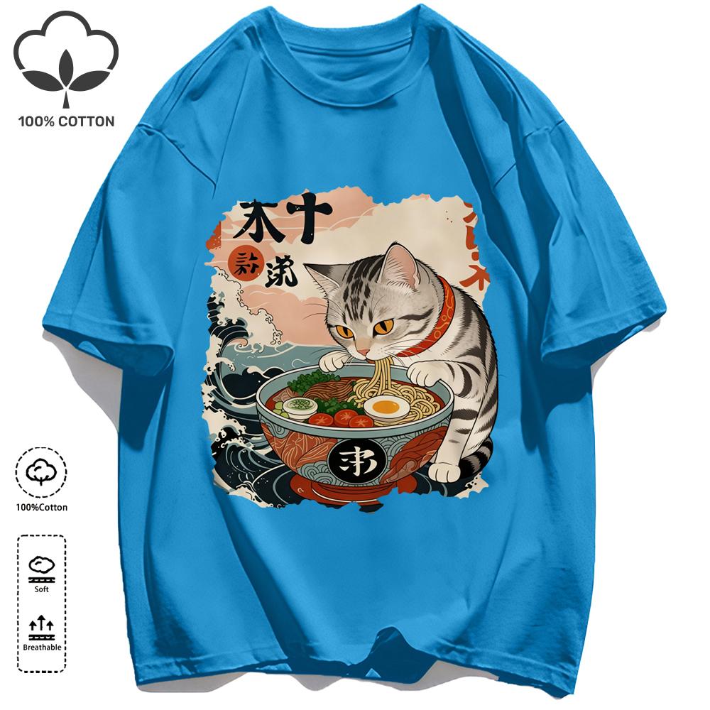 A Cat That Likes To Eat Noodles Print T Shirt Unisex Casual Loose Short Sleeve Summer Soft Clothing O-Neck Unisex Cotton Tee