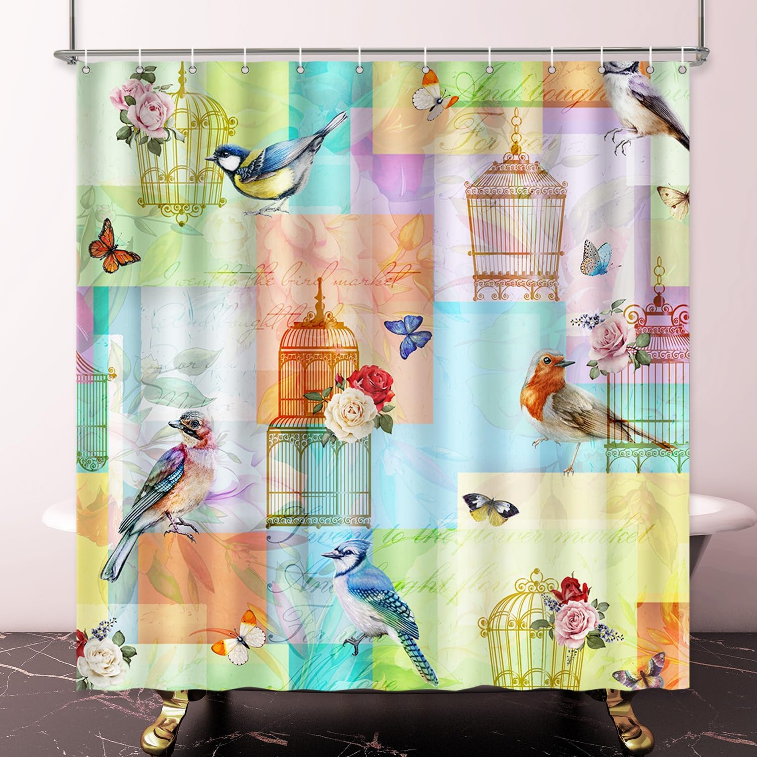 

Bird Cage Shower Curtain Colorful Birds Butterflies Roses Art Vintage Design Bath Decor Waterproof Fabric Home Accessories W60H190(CM)-1 Pcs