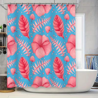 Blue Tropical Leaves Shower Curtain Bath Decor Waterproof Fabric Pink Floral Design For Bathroom Decoration