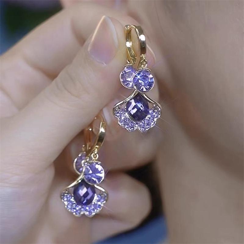 Luxury Fashion Purple Zircon Leaf Pendant Earrings for Women Elegant Crystal Flower Ear Buckle Earring Girl Party Jewelry Gifts
