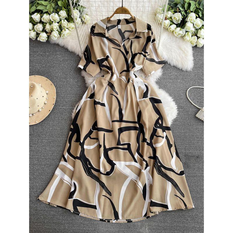 

Tea Break French Style 2024 Spring/Summer New Chiffon Stylish V Neck Elegant Cinched Slimming Long Dress Print Dress Khakis Print One size