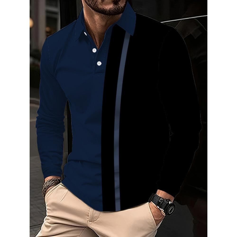 Fashion Men's Sweatshirt Long Sleeve Lapel Top Button Down Striped Polo Shirt
