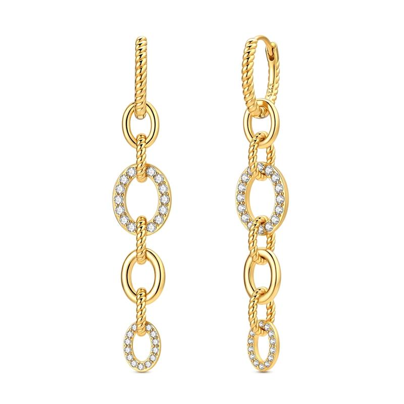 

925 Sterling Silver Golden Twisted Rope Chain Link Drop Earrings Pave Clear CZ Long Dangle Huggie Hoops Geometric Jewelry Gift