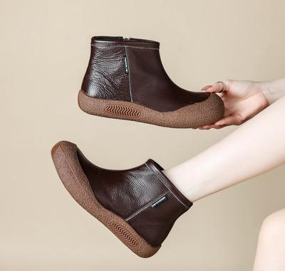 New Cow Leather Chelsea Boots Women Zip Up Waterproof Shoes Ladies Soft Flat Heel Ankle Boots Female Orthopedic Short Booties
