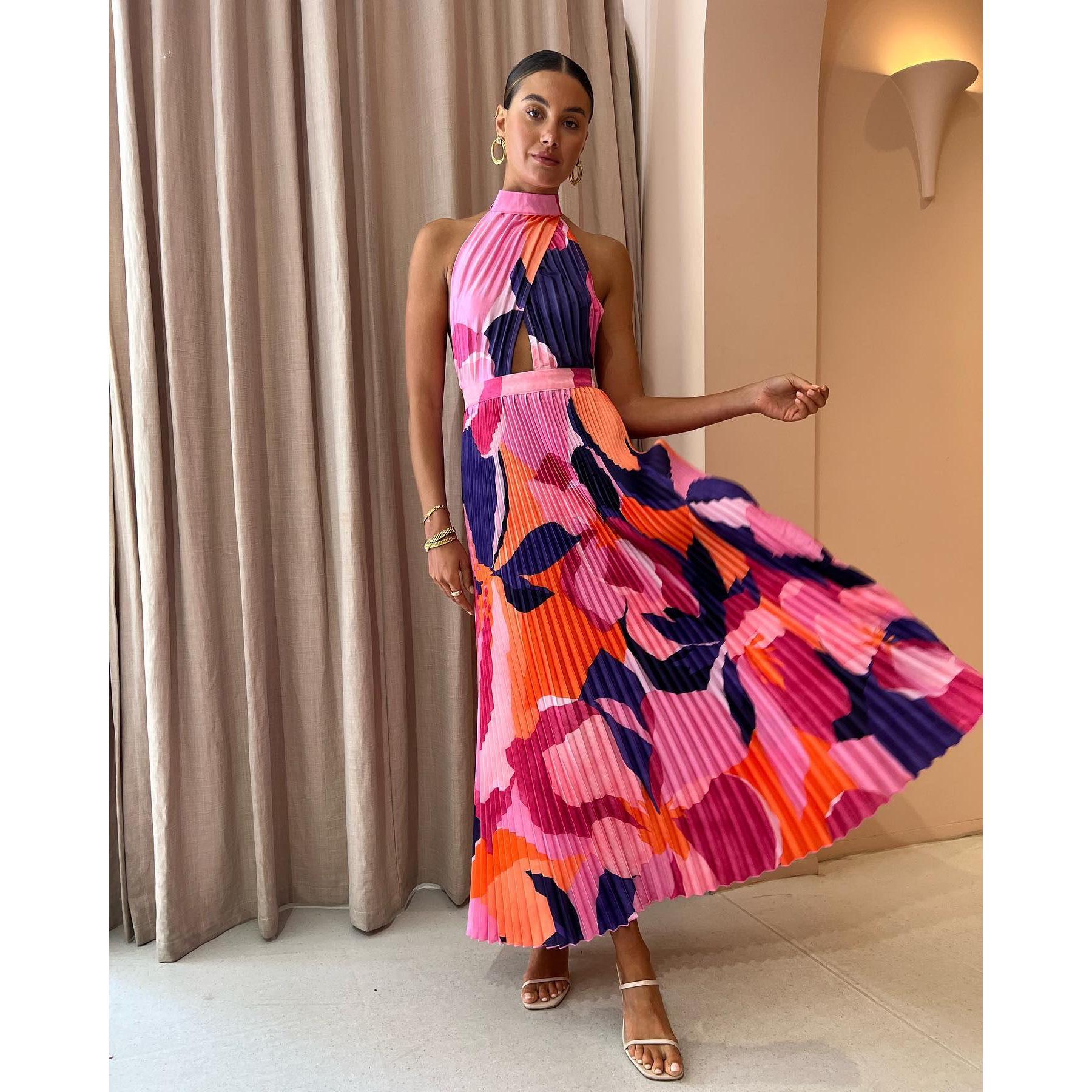 

Европейско-американское весенне-летнее платье-халтер с плиссировкой, повседневное, для отпуска, для женщин Extra Large розы красного