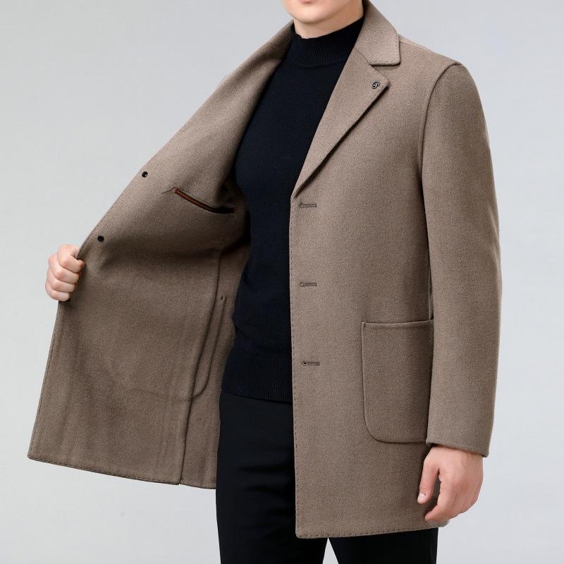 Autumn and Winter Double-sided Cashmere Coat for Men, Mid-length Suit Collar Woolen Coat, Middle-aged Dad Woolen Windbreaker