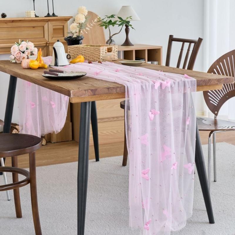 Mesh Lace Table Runner With Beaded and Embroidery 3D Butterfly Sheer Tulle Fabric Tablecloth For Dining Table Decors