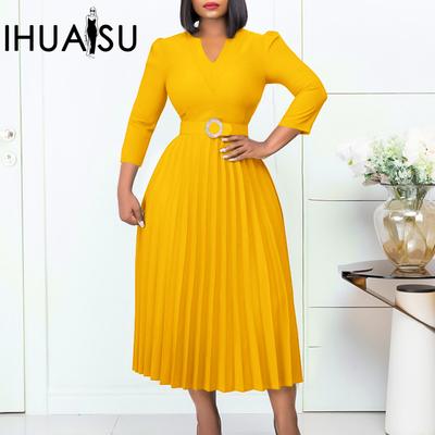 Μονόχρωμο Πριτν Άνοιξη Φθινόπωρο Γυναικείο Φθινοπωρινό Μακρυμάνικο V-λαιμόκοψη Μόδα Ταμπεραμέντο Κομψό Πλισέ Φόρεμα Ψηλόμεσο