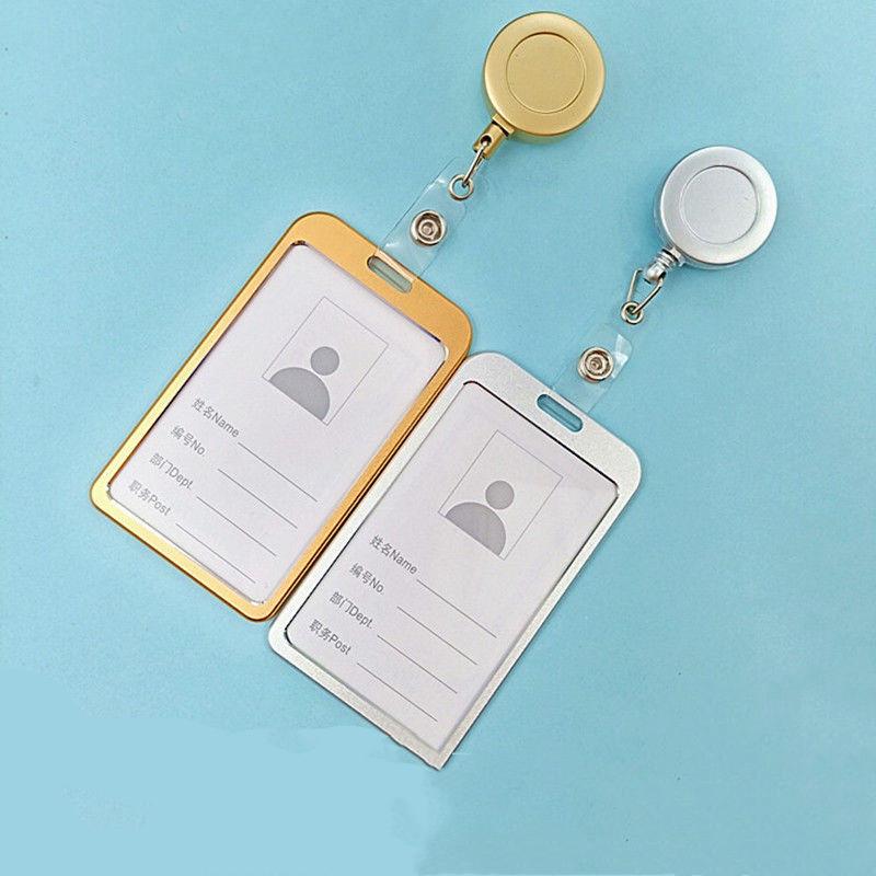 1 Set Aluminum Alloy Card Holder with ABS Retractable Badge Reel Pull ID Card Badge Holder Nurse Badge Lanyards School Supplies