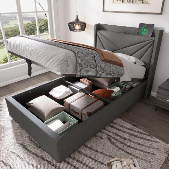 Lit simple 90x200 avec tête de lit à chargement USB de type C, lit de rangement (sans matelas)