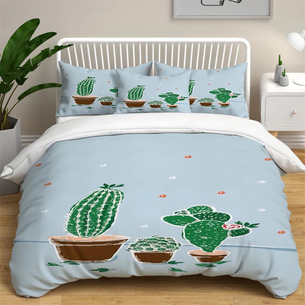 Cartoon Green Cactus Potted Duvet Cover Polyester Green Plant Cute Tropical Plant for Children Boy Girl for Bedroom Decorations