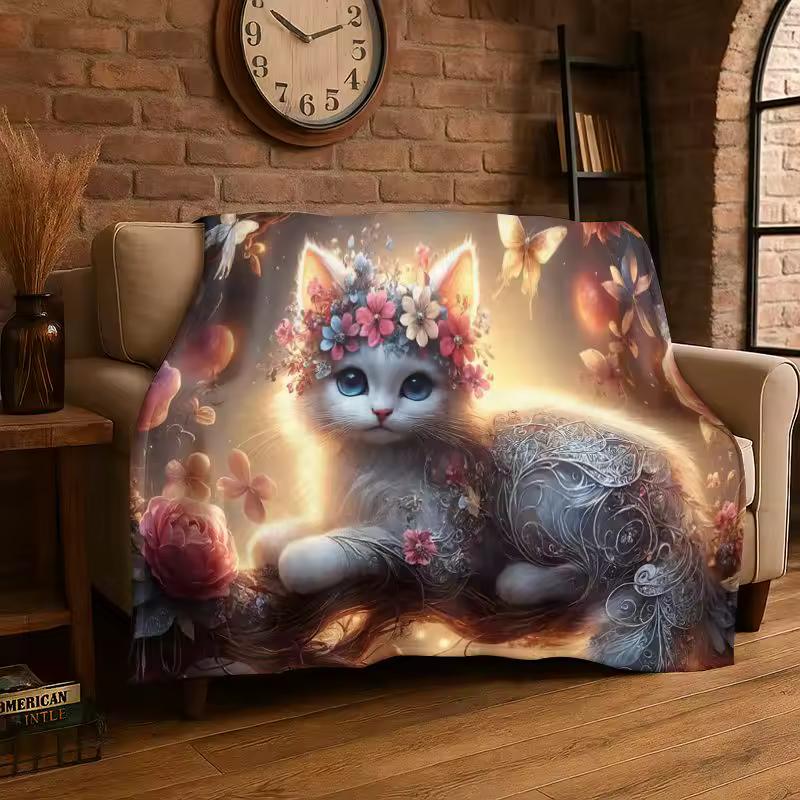 Kawaii Kitten Cat Cartoon Flannel Blanket Soft Warm Throw Blanket for Bedroom Living Room Bed Travel Camping Picnic Cover Gift