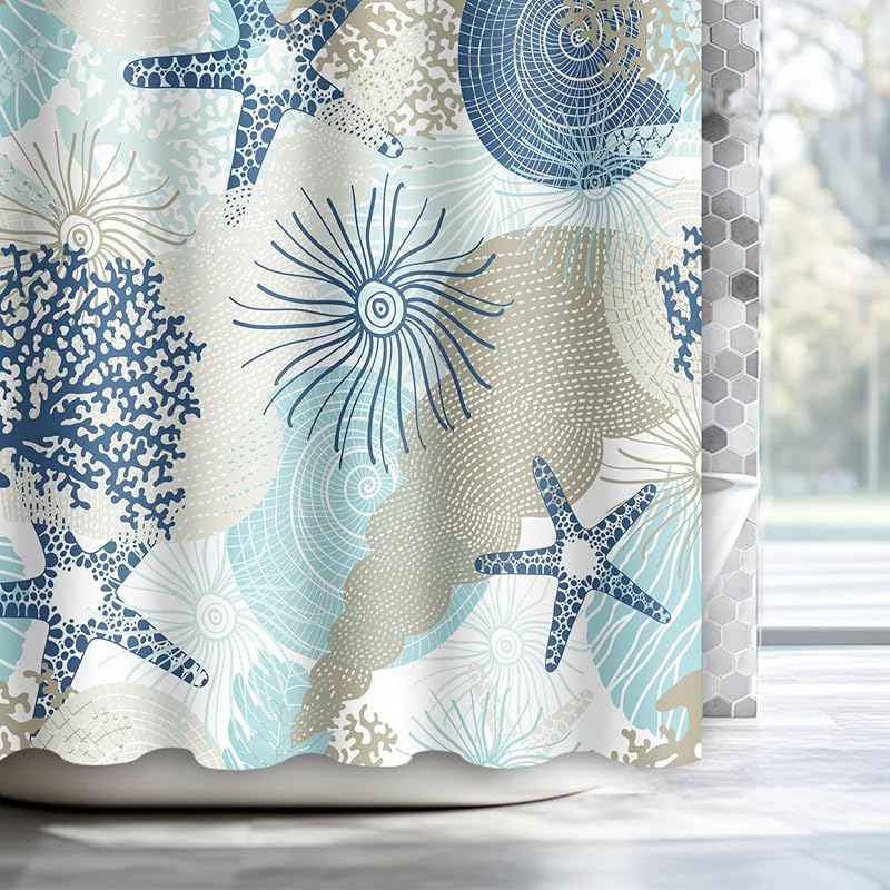 Ocean Theme Shower Curtain, Starfish Coral Nautical Coastal Shower Curtain Set for Bathroom, Nautical Marine Theme Seashell Conch Fabric Bath Curtain