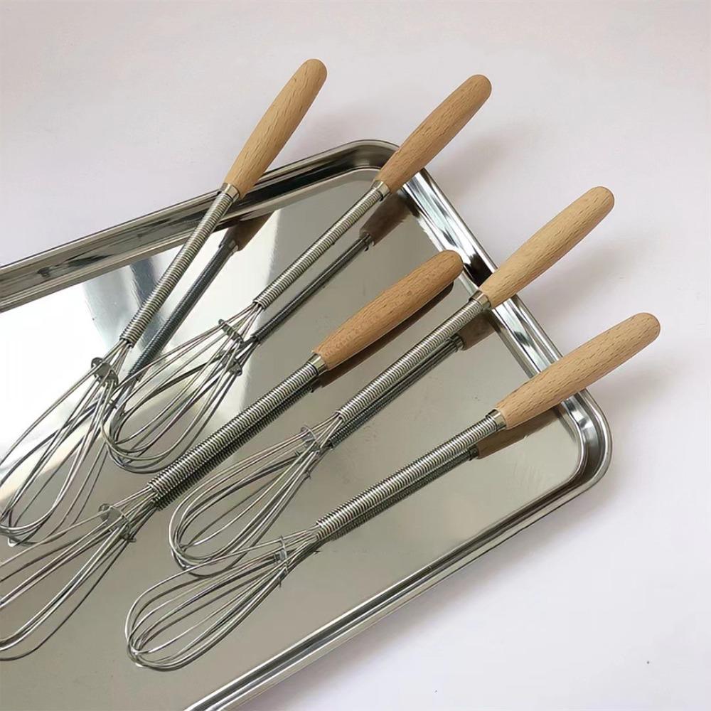 Useful Mini Egg Whisk Wooden Handle Manual Egg Beater Stainless Steel Egg Beater  Cooking