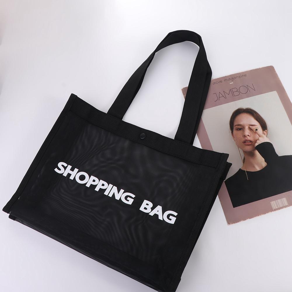 Nylon Transparent Mesh Shopping Bag Black Travel Storarge Bag Casual Large Capacity Tote Bag  Lady