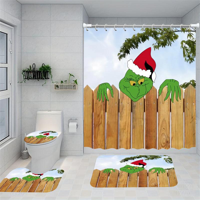 Christmas Series Shower Curtain Digital Printing Bathroom Shower Curtain Four-Piece Polyester Shower Curtain