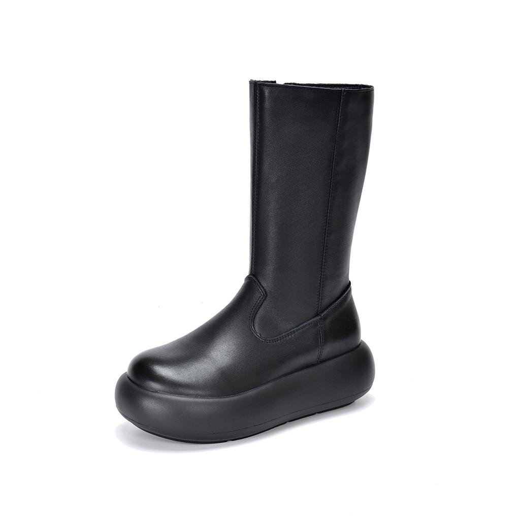 Johnature Women's Boots Genuine Leather Retro Round Toe Thick Soled Side Zipper Mid-calf Boots