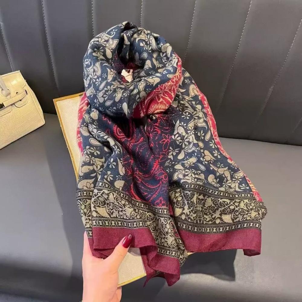 180X85Cm Retro Cashew Flower Scarf Women'S All-Season Cotton And Linen Feel Large Scarf Warm Sun Protection Neck Shawl Hijab