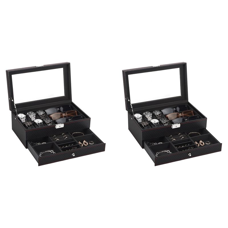 A95D-2X Watch Box, Mens Jewelry Box With 6 Slot Watch Case 3 Slot Sunglasses Organizer, 2 Layers Lockable Watch Holder