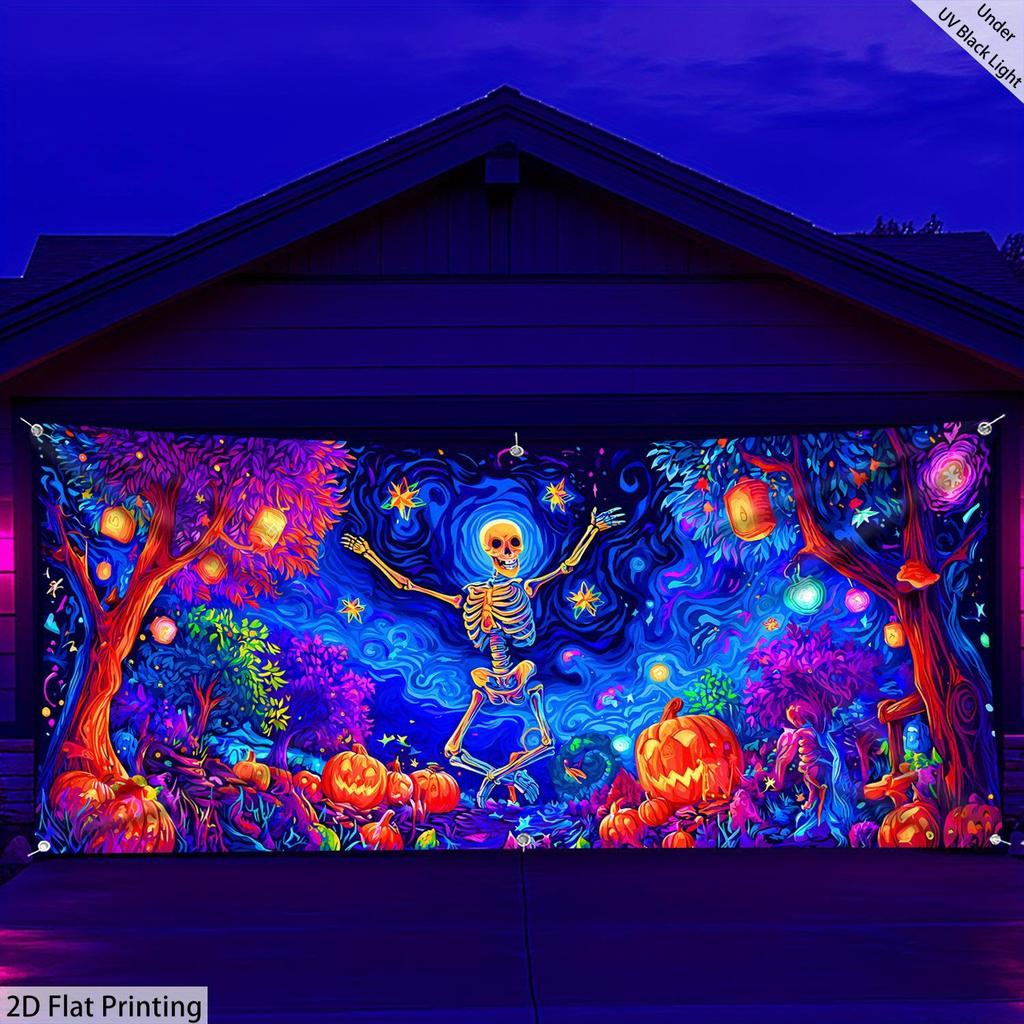 1PCS Halloween Garage Door Decoration - Luminous UV Effect - Super sized Horror Skull Party Scene with Pumpkin and Bat