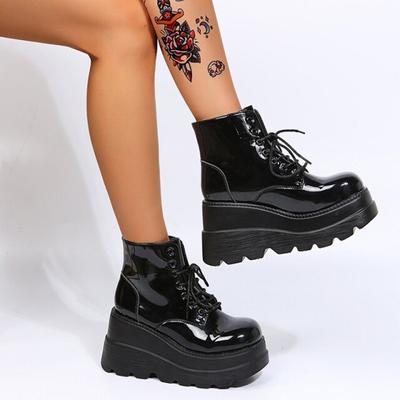 Punk Stiefel Neue Damen Keile Plateau Stiefeletten Große Größe 43 Lackleder High Heels Mode Frau Wadenmitte Gothic Kurzer Stiefel