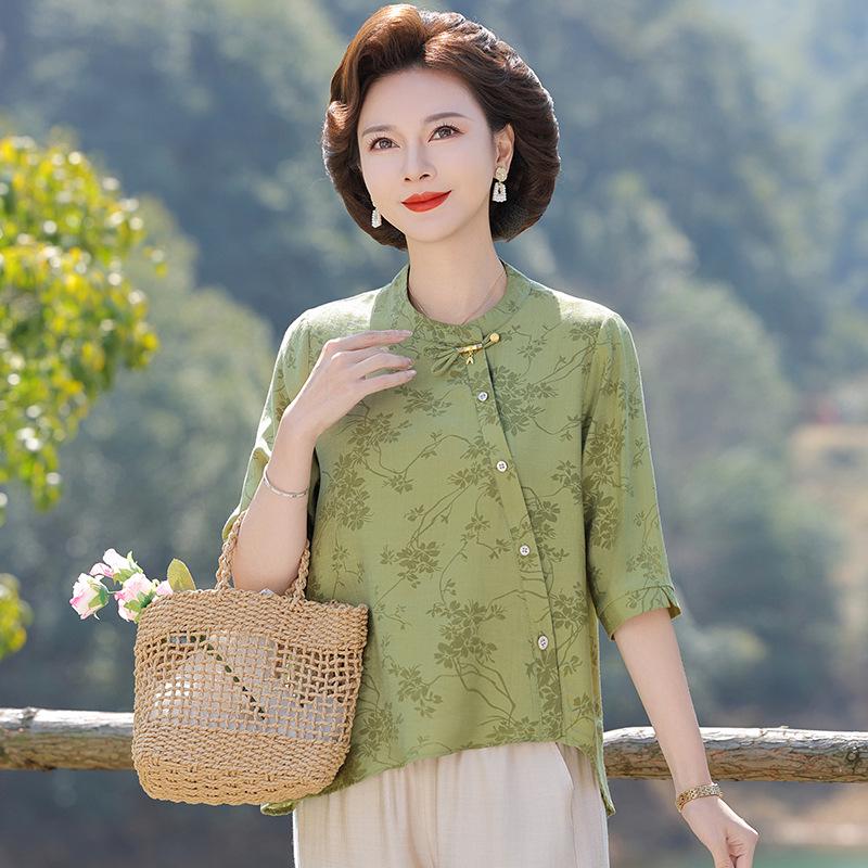 

Elegant Mid-Sleeve Jacquard Cotton Linen Blouse for Moms, 2026 Summer Style 2XL (115-130 jin)