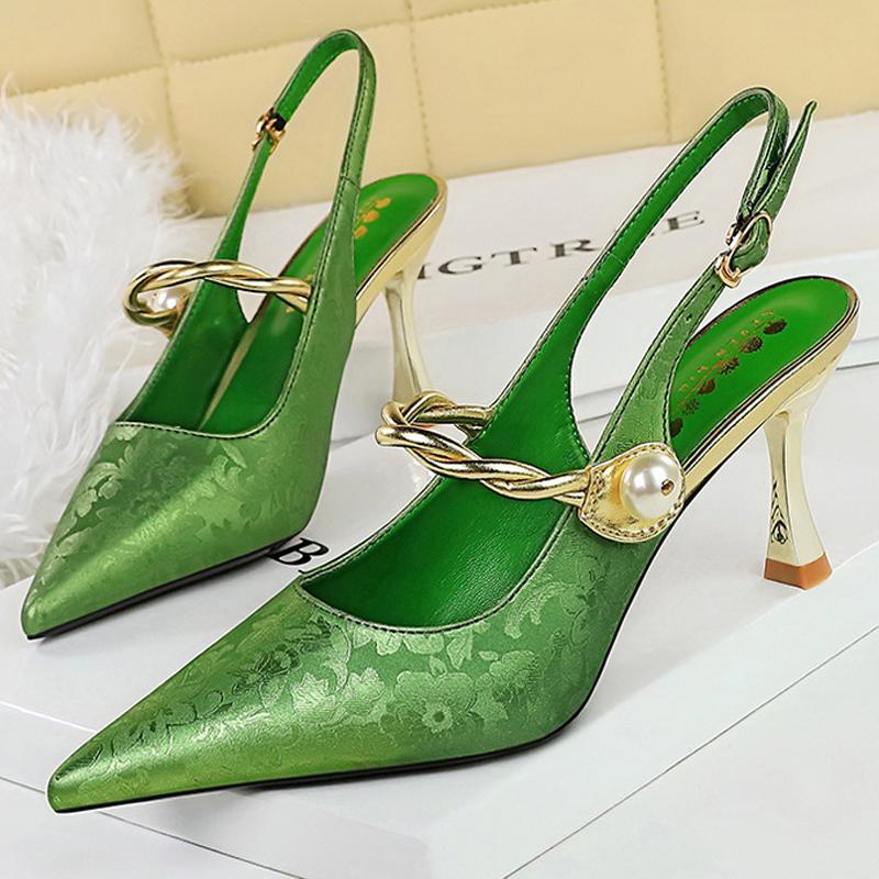 2025 New Ethnic Style Women Pumps Silks Satins High Heels Pointed Hollow Women Sandals Metal Heel Kitten Heels Sexy Party Shoes