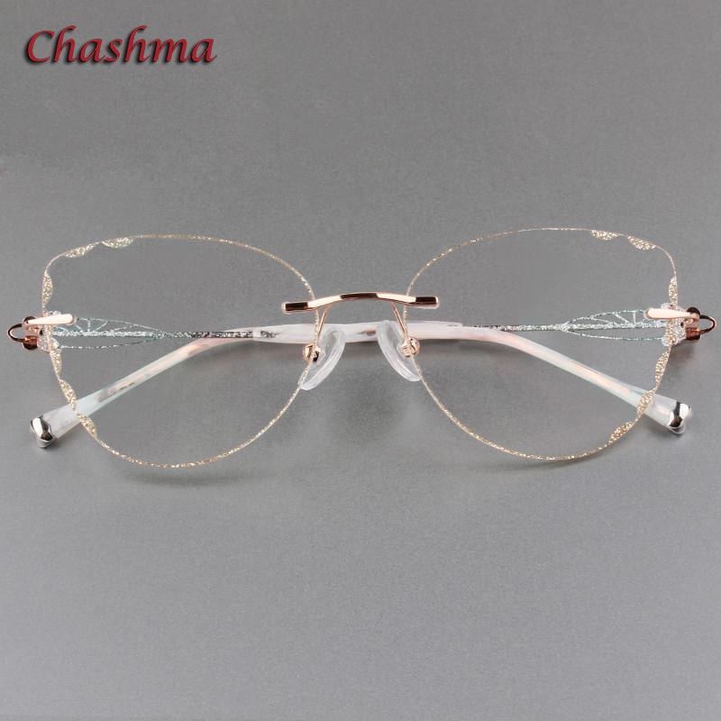 Chashma Cat Eye Titanium Prescrpiton Glasses Diamond Women Rimless Optical Frames Tint Colored Lenses