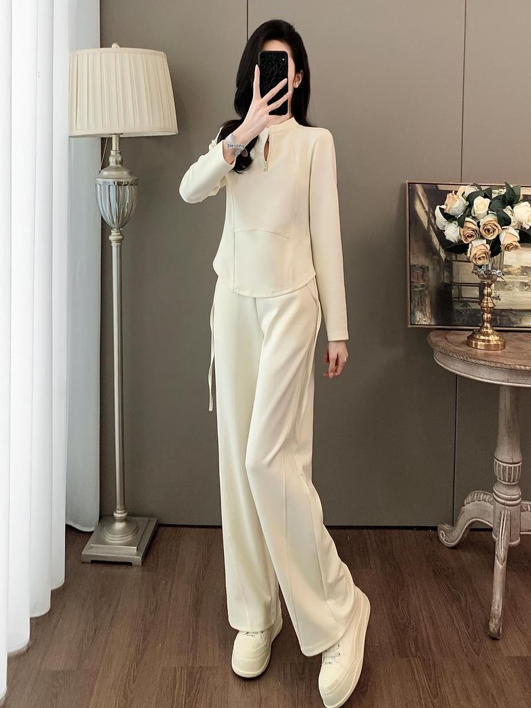 Women's Autumn Casual Sports Set: Slimming Black Long Sleeve Top & Wide Leg Pants
