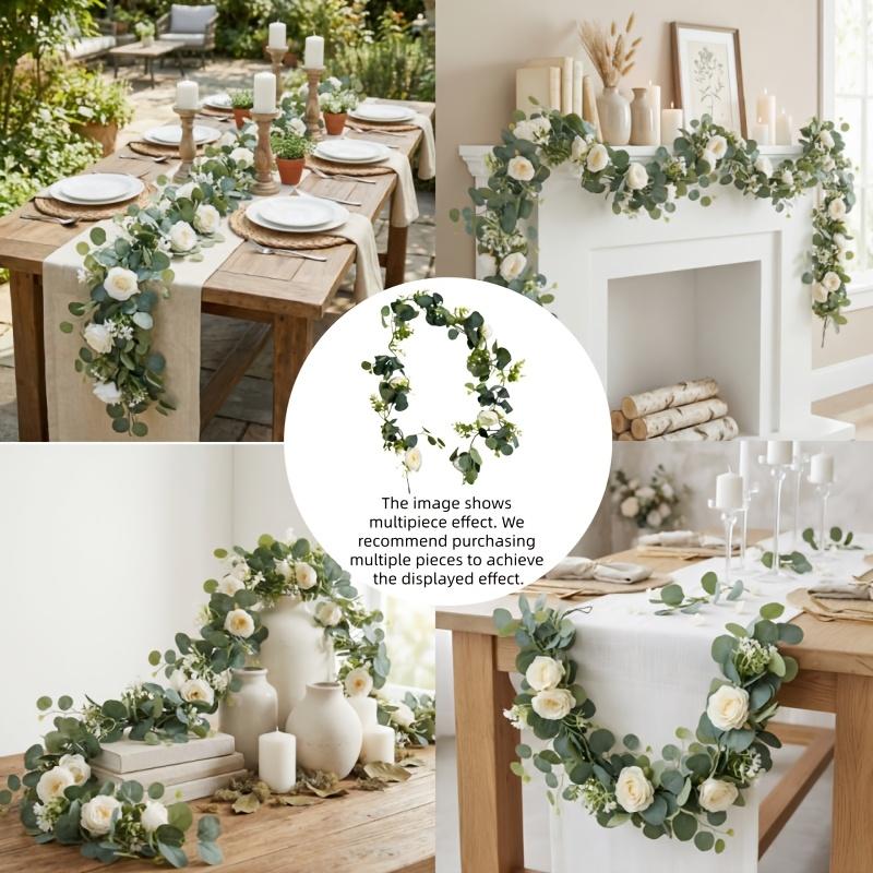 Artificial Eucalyptus Wreath with White Roses, Realistic Faux Flower Vine, Suitable for Wedding Arch Backdrops, Table Centerpieces 178cm/70.07inch