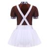 Kids Girls Chocolate Factory Worker Halloween Costume Mock Neck Short Stripe-Cuffed Sleeves Back Cut Puffy Built-In Crotch Press Buttons Dress Braces