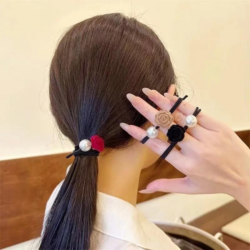 3Pcs Temperament Rose Hair Rope Gentle Ponytail Pearl Head Rope High Elastic Tie Hair Headwear Girls Women Hair Accessories