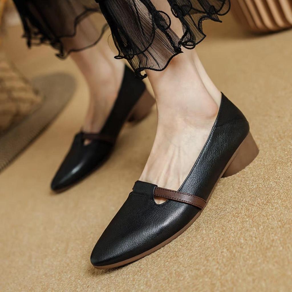 Almond Toe Colorblock Backless Loafers: 3cm French Sheepskin Low Heel Leather Shoes for Women 2025