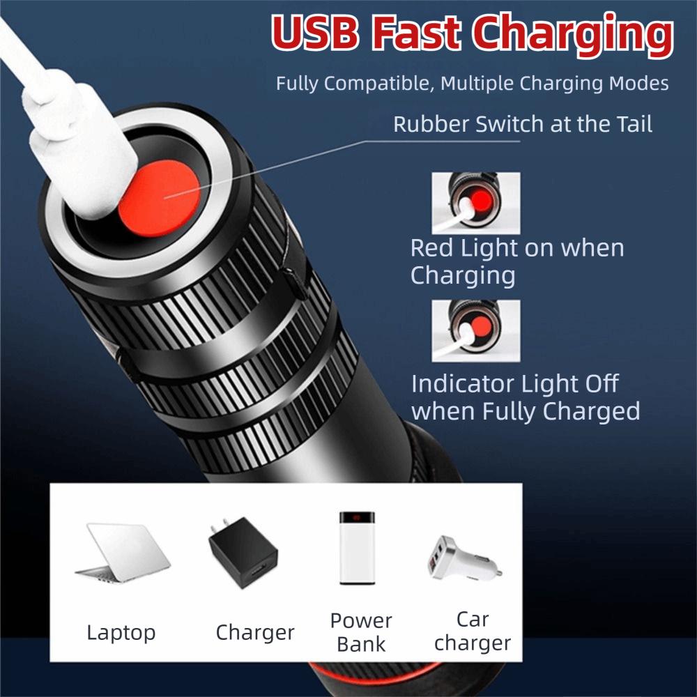 Portable Mini Flashlight Three Lighting Modes High Brightness Keychain LED Light USB Rechargeable Zoomable Focus