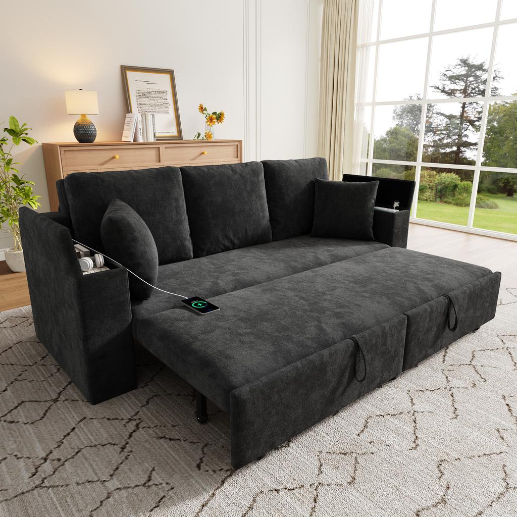 3-in-1 Multifunctional 3-Seater Sofa with Sleep Function, Pull-Out Metal Frame, Storage, Armrest Tray and USB Charging Port, Grey.[old sku:N653P2570G]