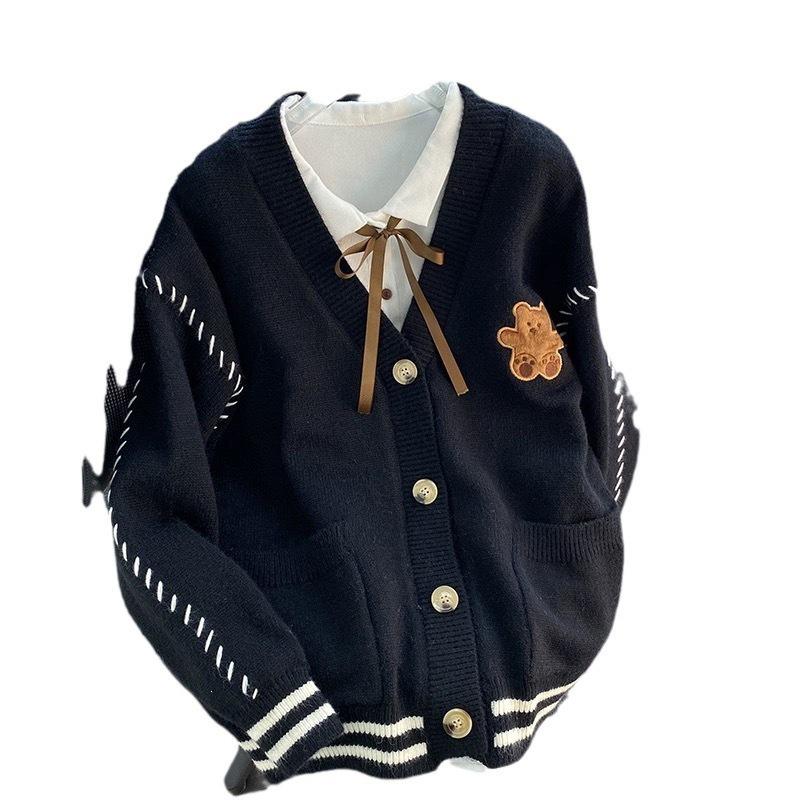 Women's Korean Bear Knit Cardigan with Pockets - 2025 Autumn/Winter Lazy Style