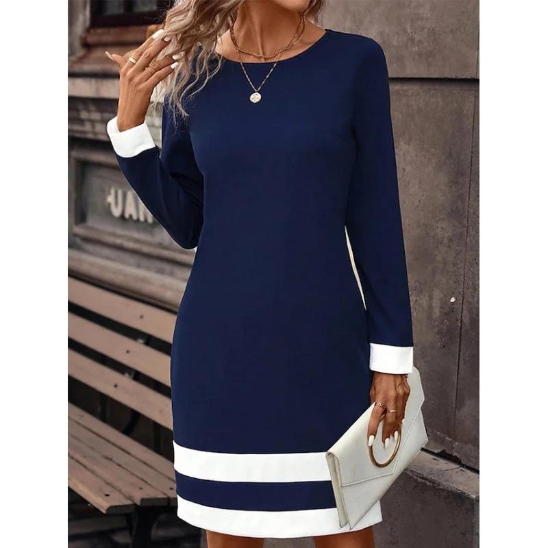 Spring Autumn Fashion Tight Match Color Dress Long Sleeve Round Neck Women's Wear