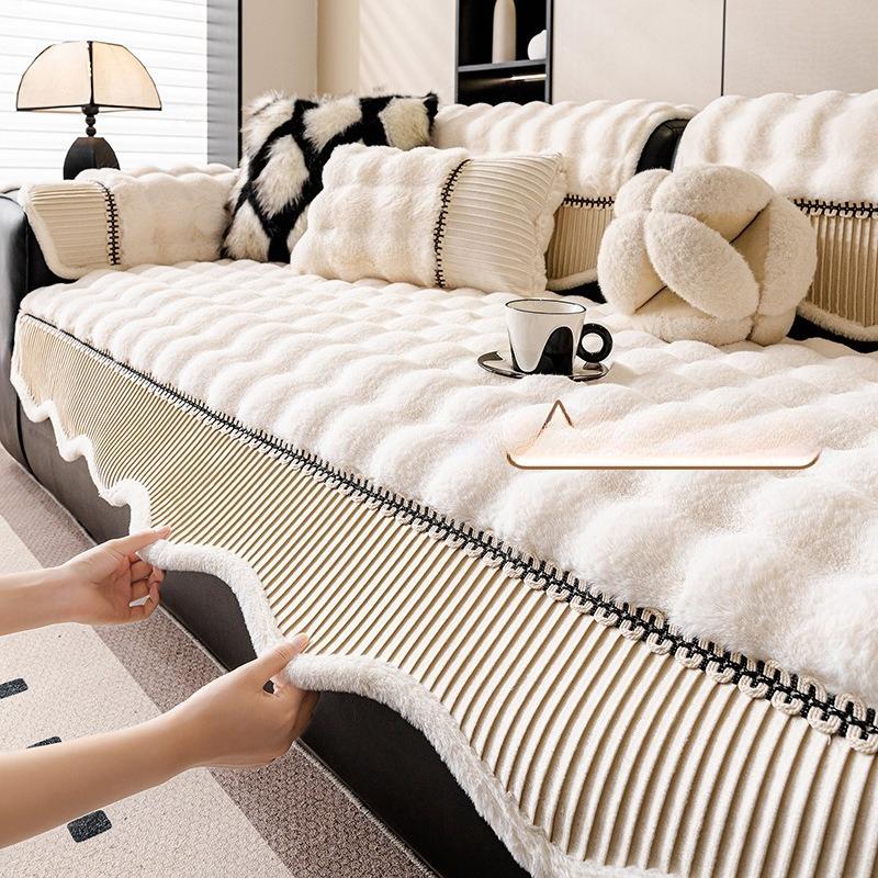 Winter High End Anti Slip Cover Cloth Irregular Thickened Plush Seat Cushion Straight Row One Piece Rabbit Plush Sofa Cushion