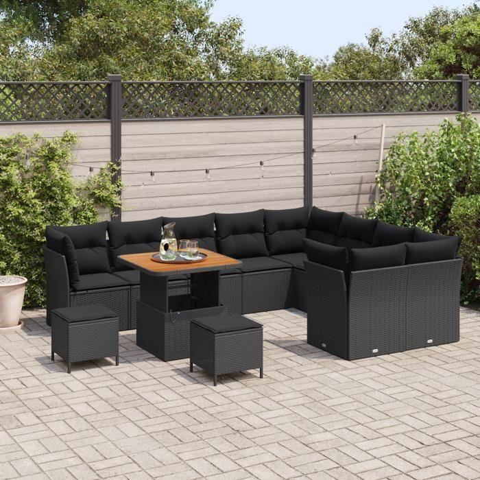 Ensemble de canapé de jardin 12 pièces avec coussins en noir, rotin poly et acacia, Ensemble de repas de jardin 3 pièces 3361519