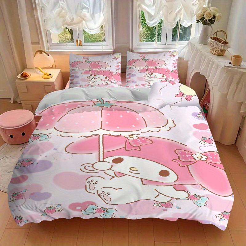 3pcs Strawberry My Melody Quilt Cover Set (1 Quilt Cover + 2 Pillowcases Without Pillow Core), High-Definition Printing for Home and Dormitory.W1