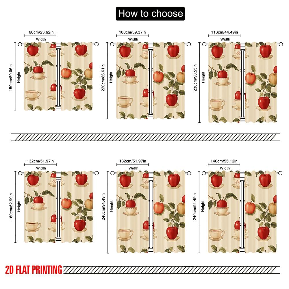 2pcs,2D Plane Printing Creative Curtains Tea Apple Harmony Durable 100% Polyester Fabric (without Rod) Holiday for Bedroom &