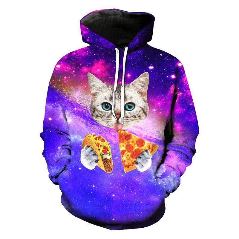 

Autumn 3D Galaxy Cat Eating Pizza Printed Hoodies Fashionable Casual Sports Long Sleeved Men s Hooded Sweatshirts S