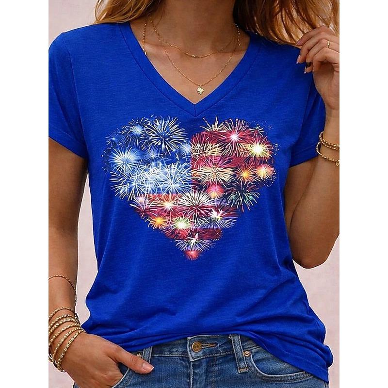 Patriotic Heart Firework Flag Print Casual T Shirt V Neck Short Sleeve Tee For Women Summer Holiday And Daily Wear