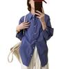 American Style Relaxed Loose Blue Plaid Shirt for Women, Spring/Autumn Casual Versatile Vintage Long-Sleeve Shirt Layered Top