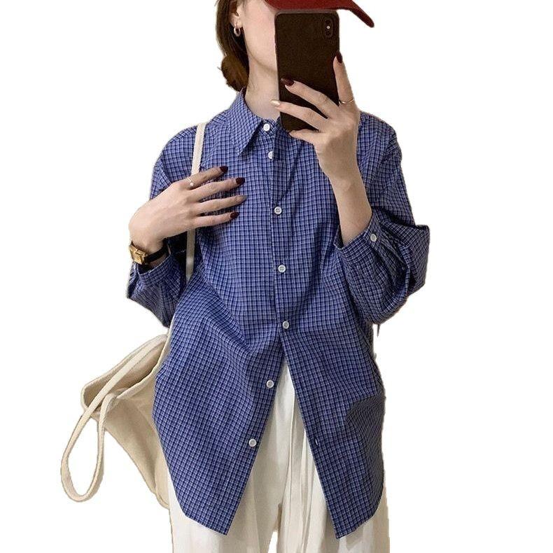 American Style Relaxed Loose Blue Plaid Shirt for Women, Spring/Autumn Casual Versatile Vintage Long-Sleeve Shirt Layered Top