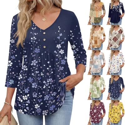 Womens 3/4 Sleeve V Neck Button Detail Floral Print Tunic Top Lightweight Casual Shirt