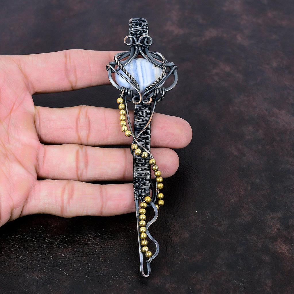 Blå blonder agat anheng Gemstone anheng kobbertråd innpakket anheng Håndlaget anheng kobbertråd nøkkel smykker gave til ham Designer anheng