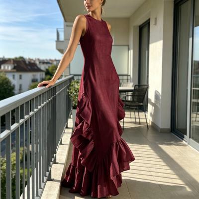 Women's Sleeveless Dress Ruched Ruffle Hem Dress Elegant Swing Dress Crew Neck Beach Dress for Office Party Cocktail Beach Wear
