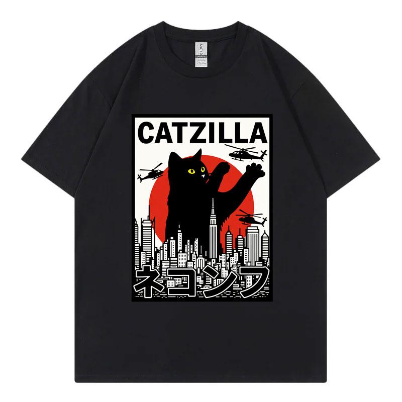 Catzilla Funny Cat Attack Graphic T Shirts Harajuku Japanese Unisexga Short Sleeve Tshirts Unisex Unisex Casual Fashion Loose Tshirt